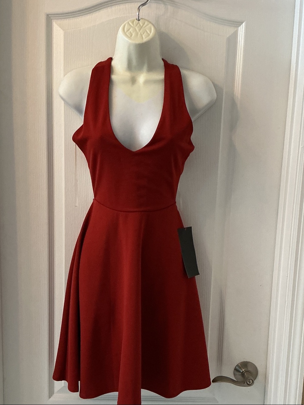 bebe Red Deep V-Neck Fit & Flare Mini Dress